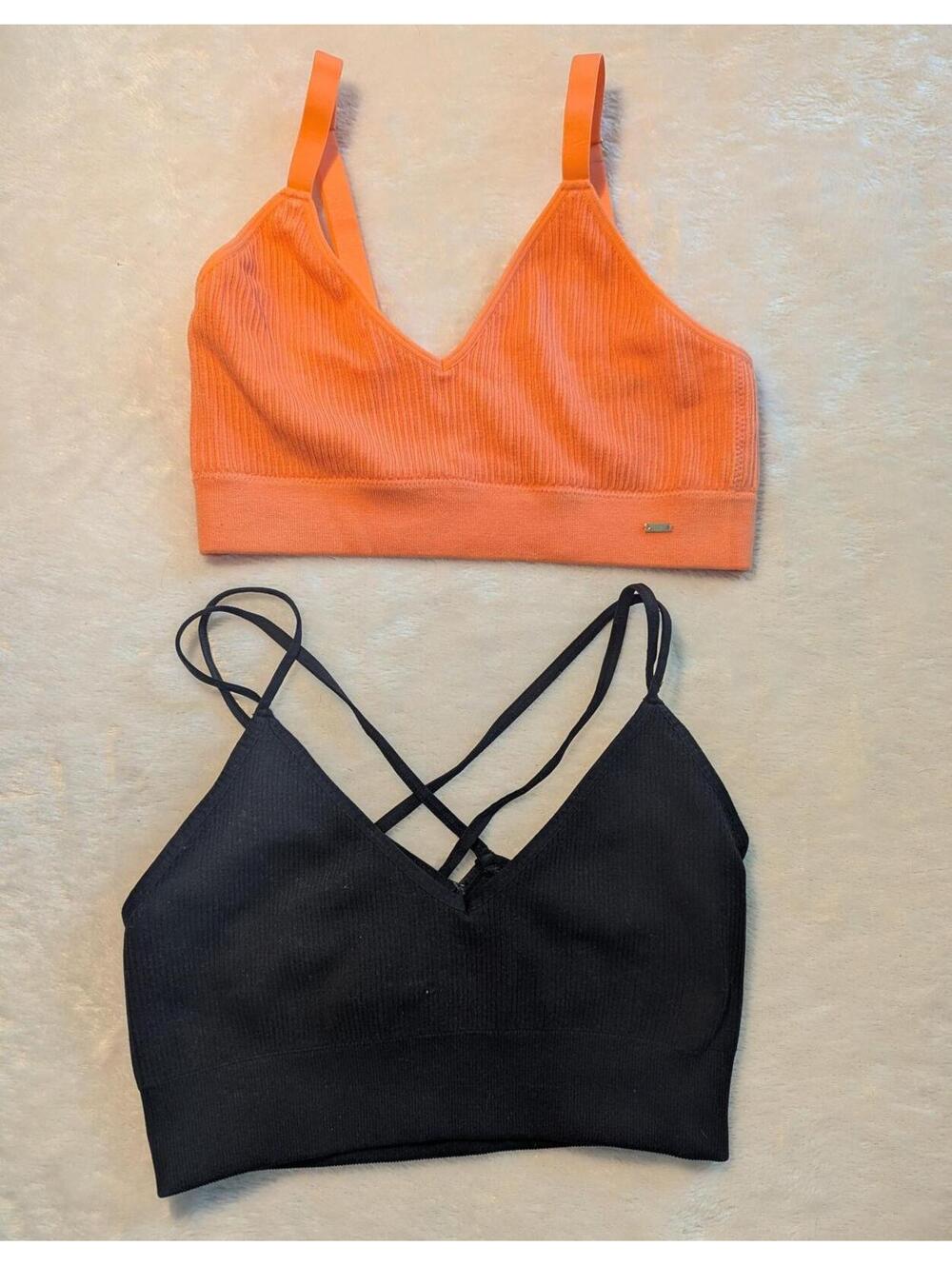 Set of 2 Seamless Ribbed Bralettes - Black and Orange